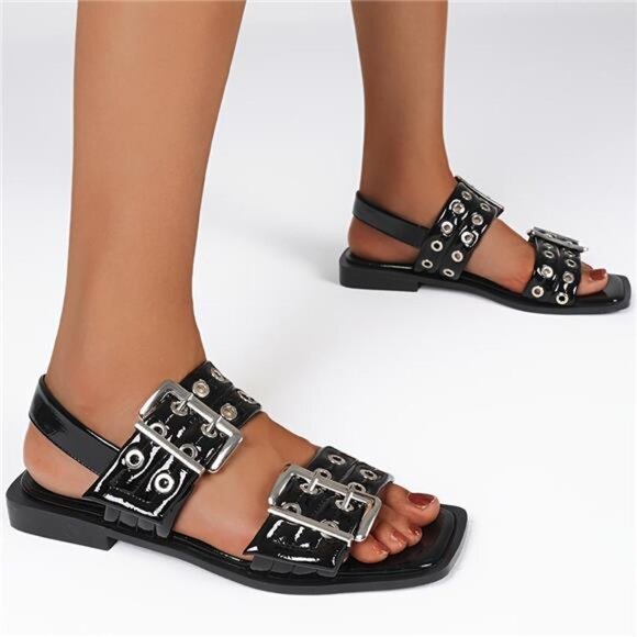 NEW - Women'S Square Head Open Toe Wide Buckles Slingback Block Heels Summer - Picture 2 of 8